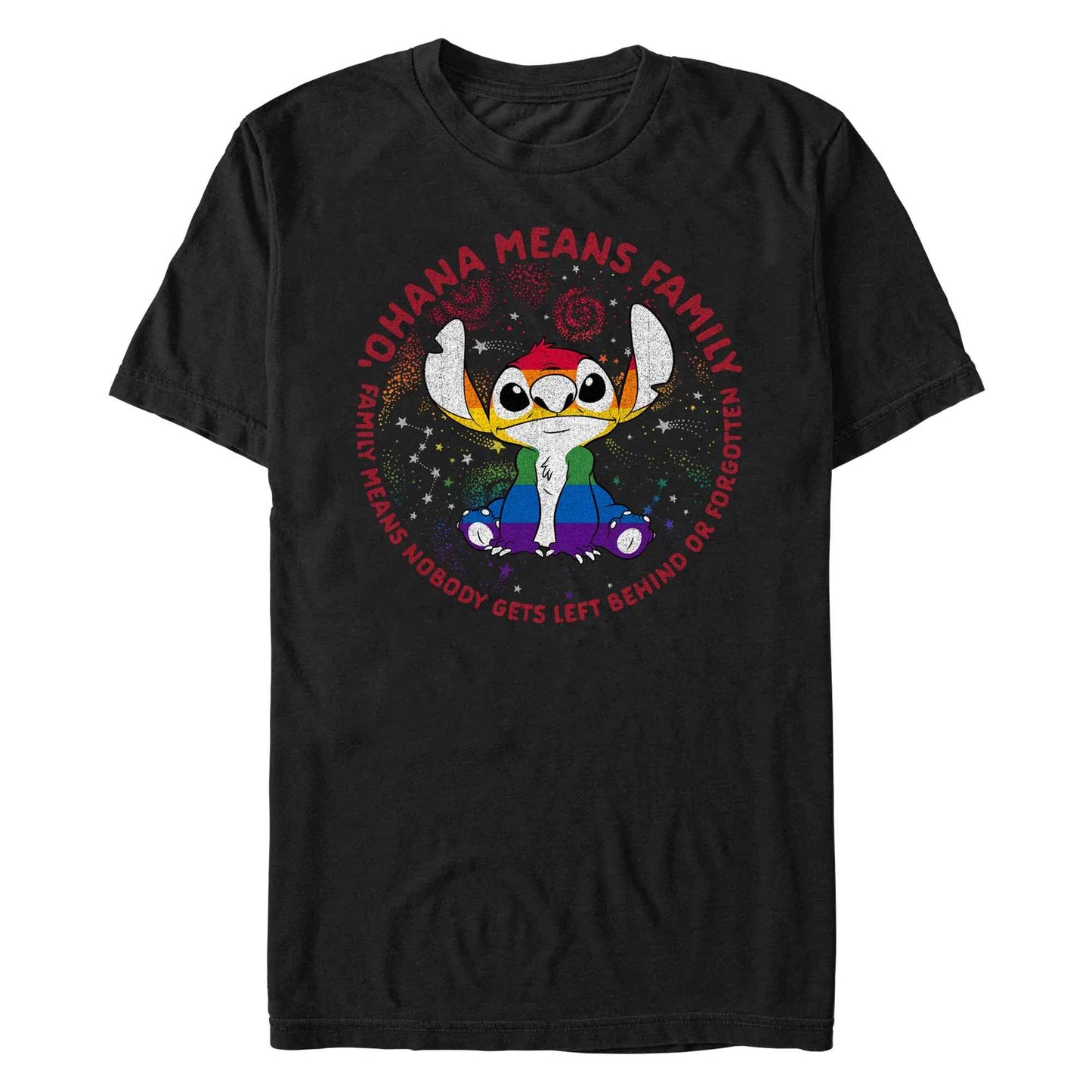 Disney Lilo & Stitch Ohana Pride Graphic Tee featuring Stitch with the phrase 'Ohana Means Family' and vibrant colors, perfect pride graphic tee for celebrating inclusivity.