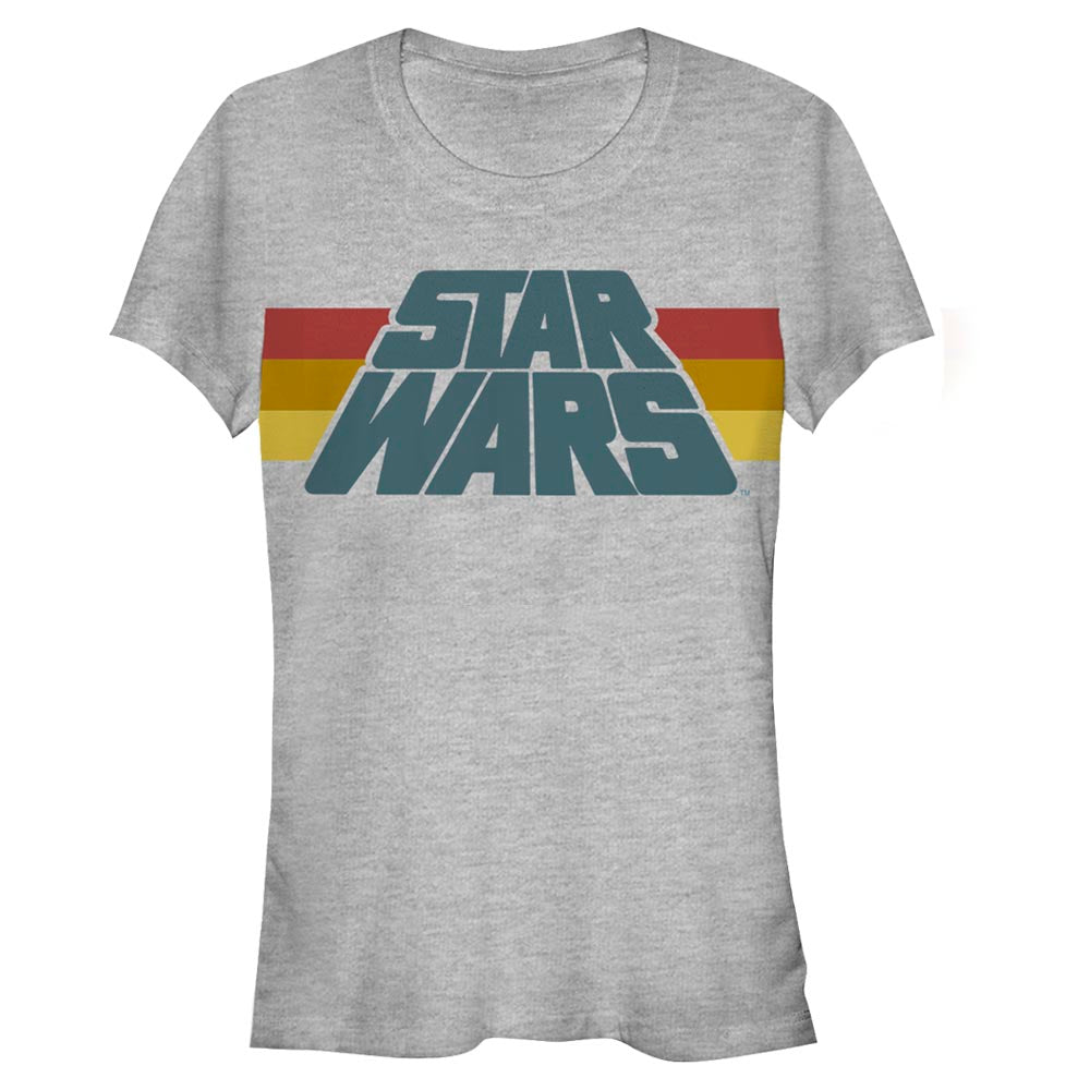 Cool Junior officially licensed Star Wars Apparel for Fans featuring a stylish Junior's Star Wars Slant Logo Stripe T-Shirt, perfect for young fans of the galaxy far, far away.